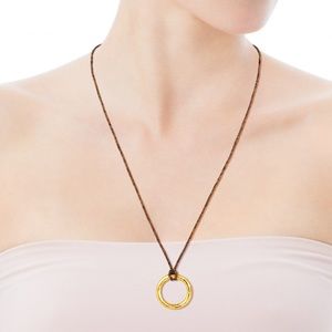 TOUS Duna Tube Necklace Gold Vermeil Brown Cord